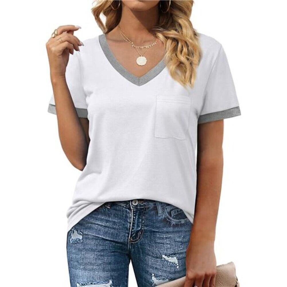 White V-Neck T-Shirt With Gray Trim & Pocket Short Sleeve Loose Casual Tops